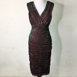 Tadashi Shoji V Neck Brown Purple 100% Silk Sleeveless Ruched Sheath Dress 6